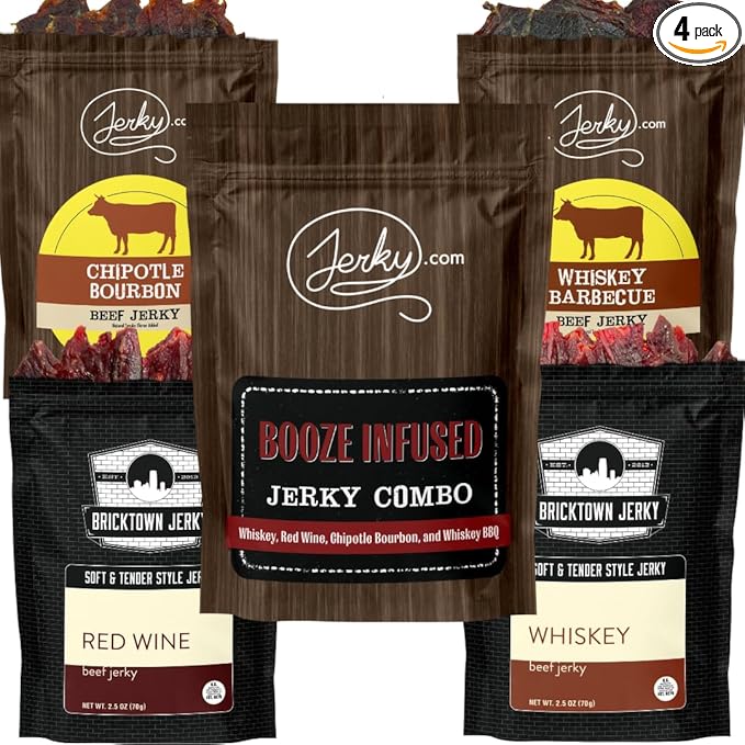 Jerky.com Booze-Infused Jerky Combo - Featuring Flavors Whiskey, Chipotle Bourbon, Whiskey BBQ, Red Wine Flavors - Great Gift for Men (4 Flavors - 2.5 oz. bags)