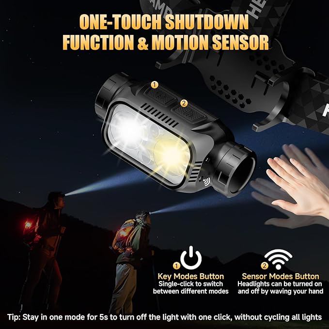 Rechargeable LED Headlamp 6 Pack, High Lumen Super Bright Head Lamp with Red Light, Motion Sensor, 5 Modes, 90° Adjustable, Waterproof Lightweight Headlamps for Adult Running, Camping, Fishing
