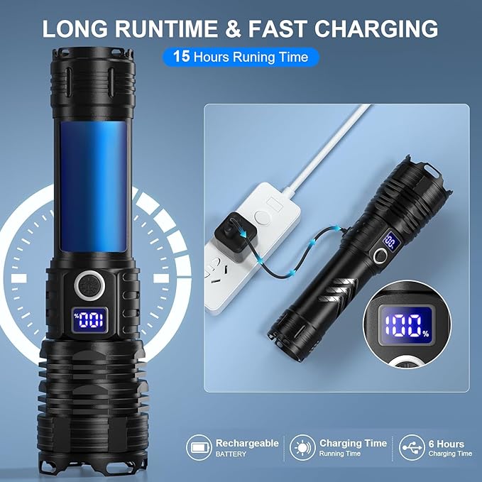 Flashlights High Lumens LED Rechargeable, 99000 Lumen Super Bright Flashlight High Power USB Flash Light,Waterproof Handheld LED Flashlight for Camping Hiking