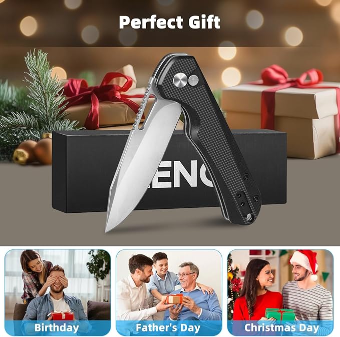 ZENG Folding Pocket Knife, 3.15" D2 Steel Blade Pocket knives, G10 Handle Small EDC Knife, Liner Lock knife, Pocket Knife with Clip for Men Women, Sharp Pocket knive for Camping Hiking Hunting (Black)