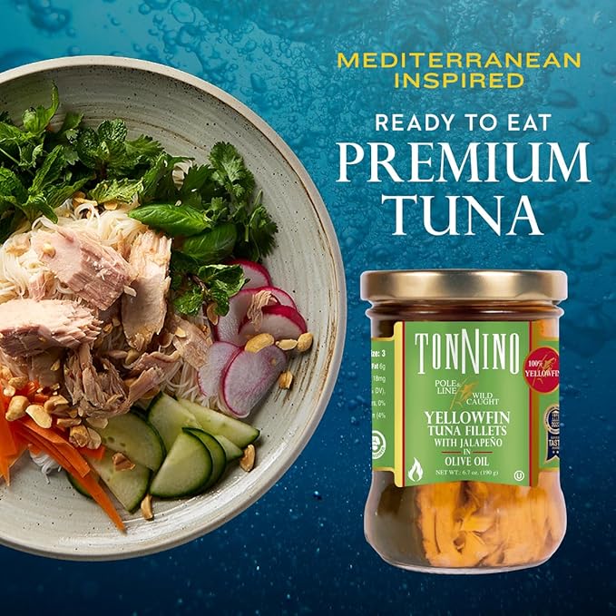 Tonnino Tuna Fish Yellowfin Pole&Line - Jalapeno in Olive Oil ??Pack of 6 ??Alternative to Salmon ??Protein Snacks ??Ready to Eat Meals in Can