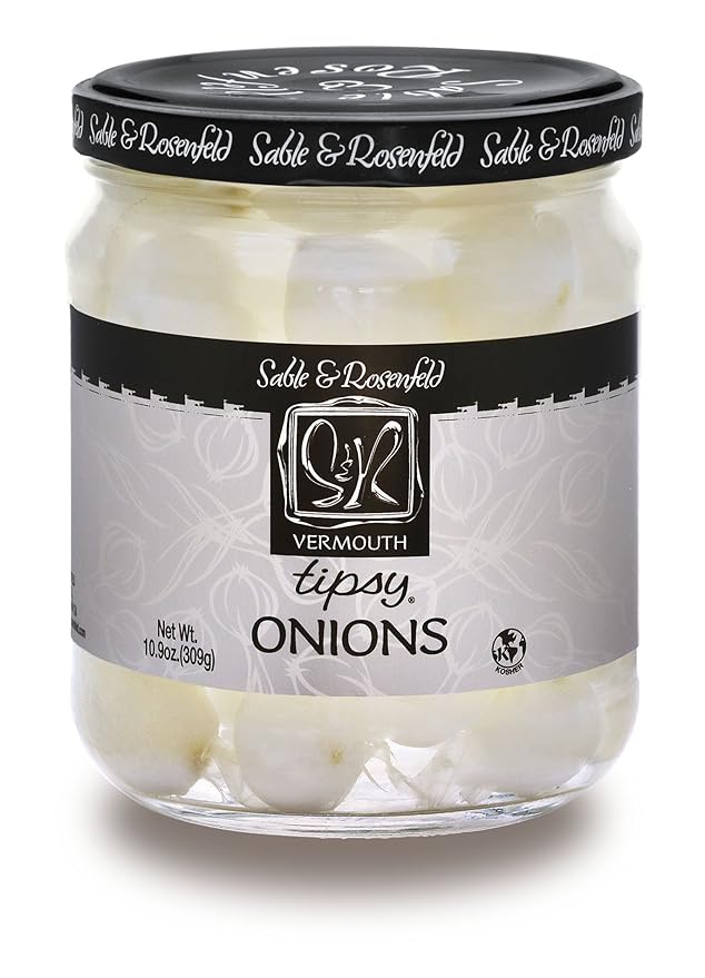 Sable & Rosenfeld Vermouth Tipsy Onions, 10.9 oz (Pack of 6), Gourmet Pickled Silverskin Cocktail Onions in Jar, Kosher, Gluten-Free Martini Garnish