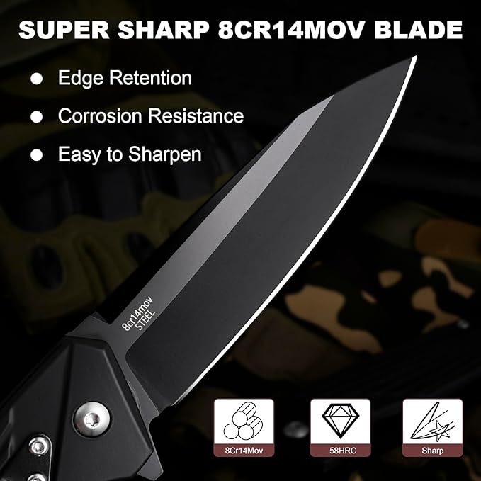 AUBEY Pocket Knife, 8Cr14Mov Steel Blade 3.54", 3-in-1 Folding Knife for Men, Tactical Multitool Knife with Glass Breaker Seat Belt Cutter for EDC Outdoor Survival Camping Hiking (Aluminum Handle)