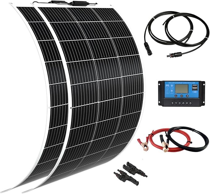 Flexible Solar Panel kit 200W 12Vï¼?PCS 105W monocrystalline Solar Panel,20A Charge Controller,Extension Cable，Y-Type Connector for Off Grid RV, Boat,Cabin,Home Uneven Surfaces (200W Solar KIT White)
