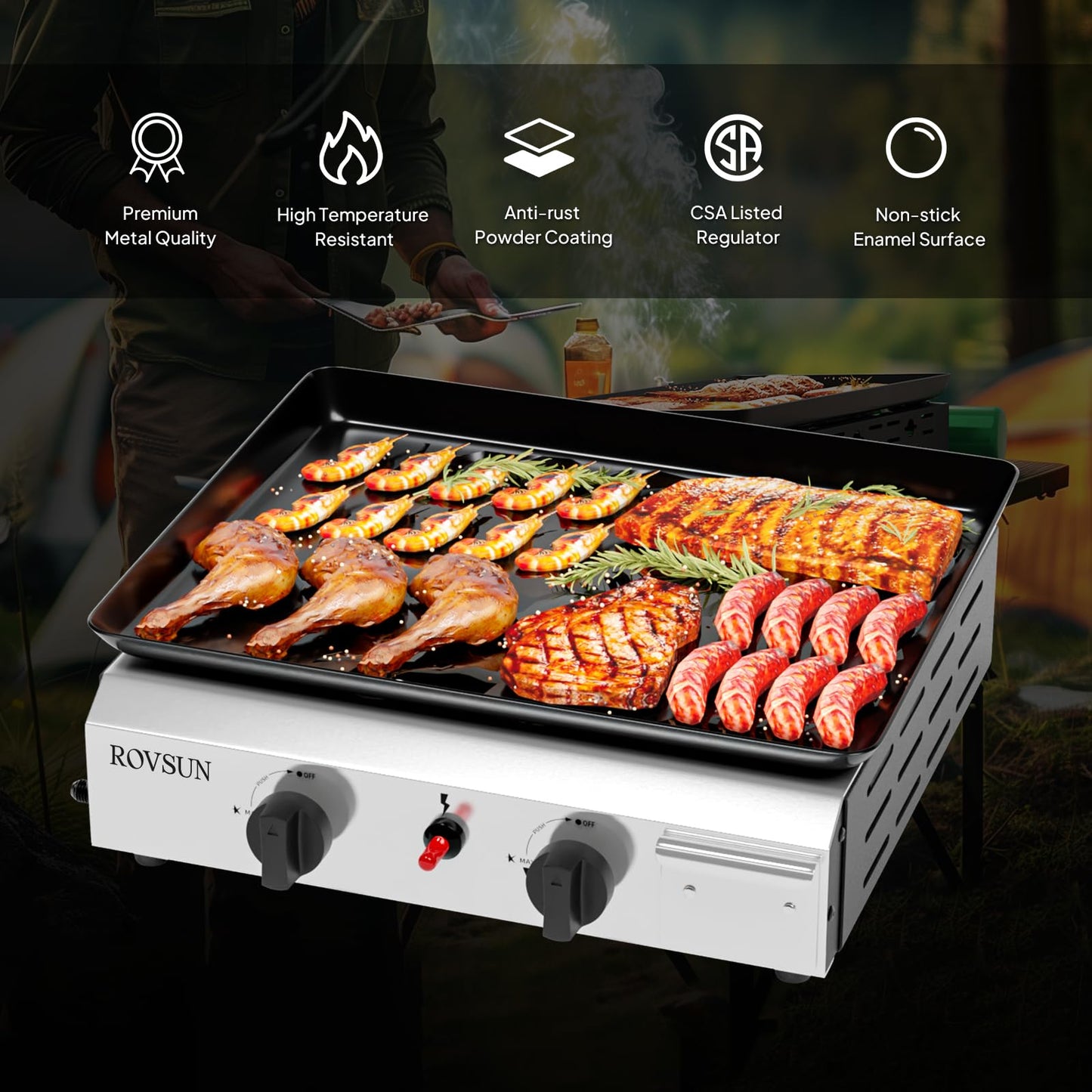 ROVSUN 2 Burner Portable Propane Griddle with Nonstick Enameled Tray, 20,000 BTU Tabletop Flat Top