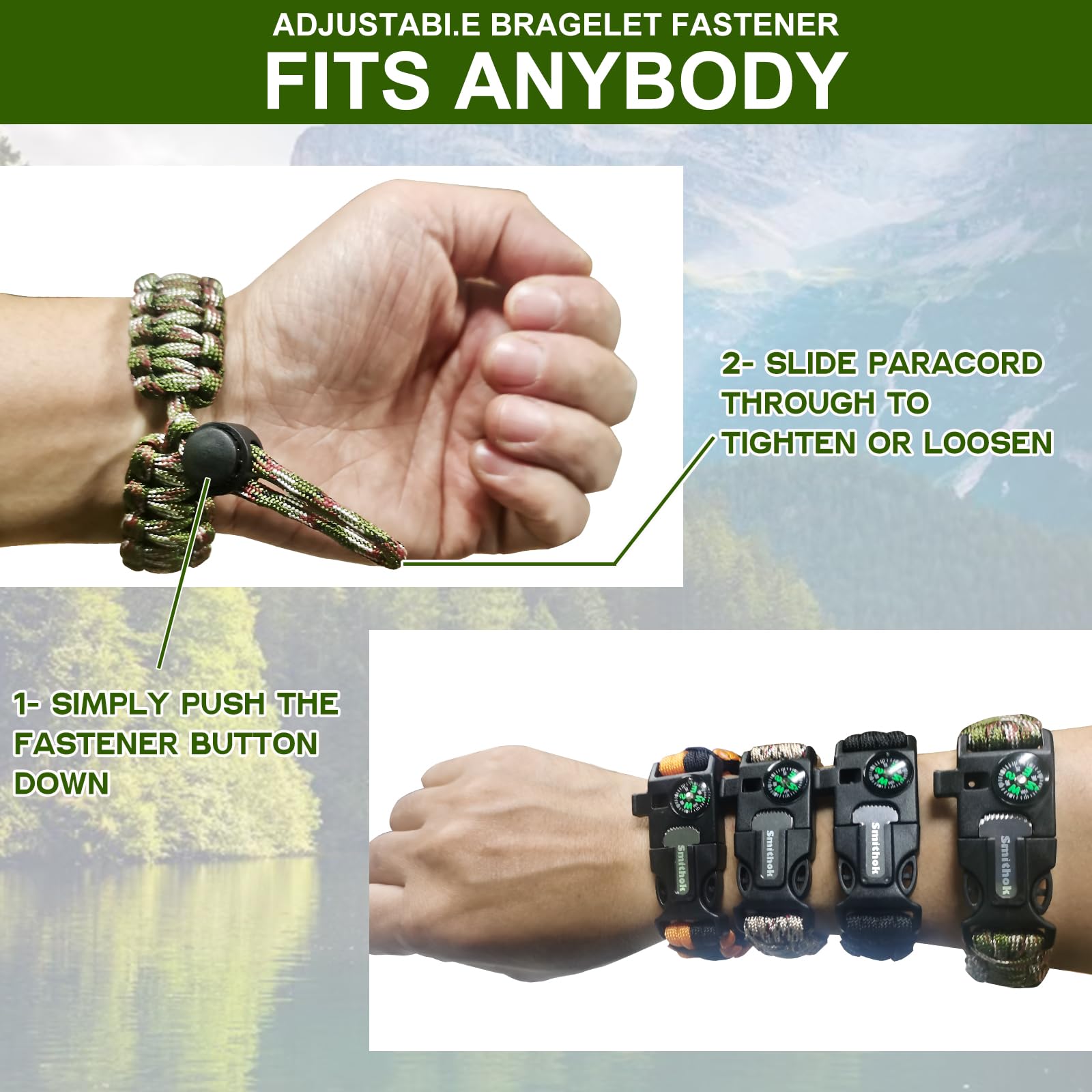 Smithok Paracord Survival Bracelet-Length Adjustable,Loud Whistle Emergency Compass Survival Fire