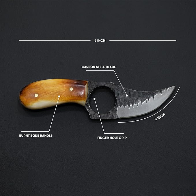 Titan International Knives Skinning Knife Carbon 1080 Steel | Small Handmade Hunting Fixed Blade | Burnt Bone Handle Knife with Leather Sheath | 3 Inch Blade Outdoors Camping Gear