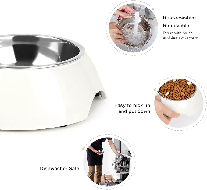 Double Dog Bowls Set ??Non-Slip Pet Food & Water Dishes with Resin Stand, Includes Small (1 Cup) & Medium (2 Cups) Bowls ??Ideal for Puppies, Cats, and Medium Dogs ??White