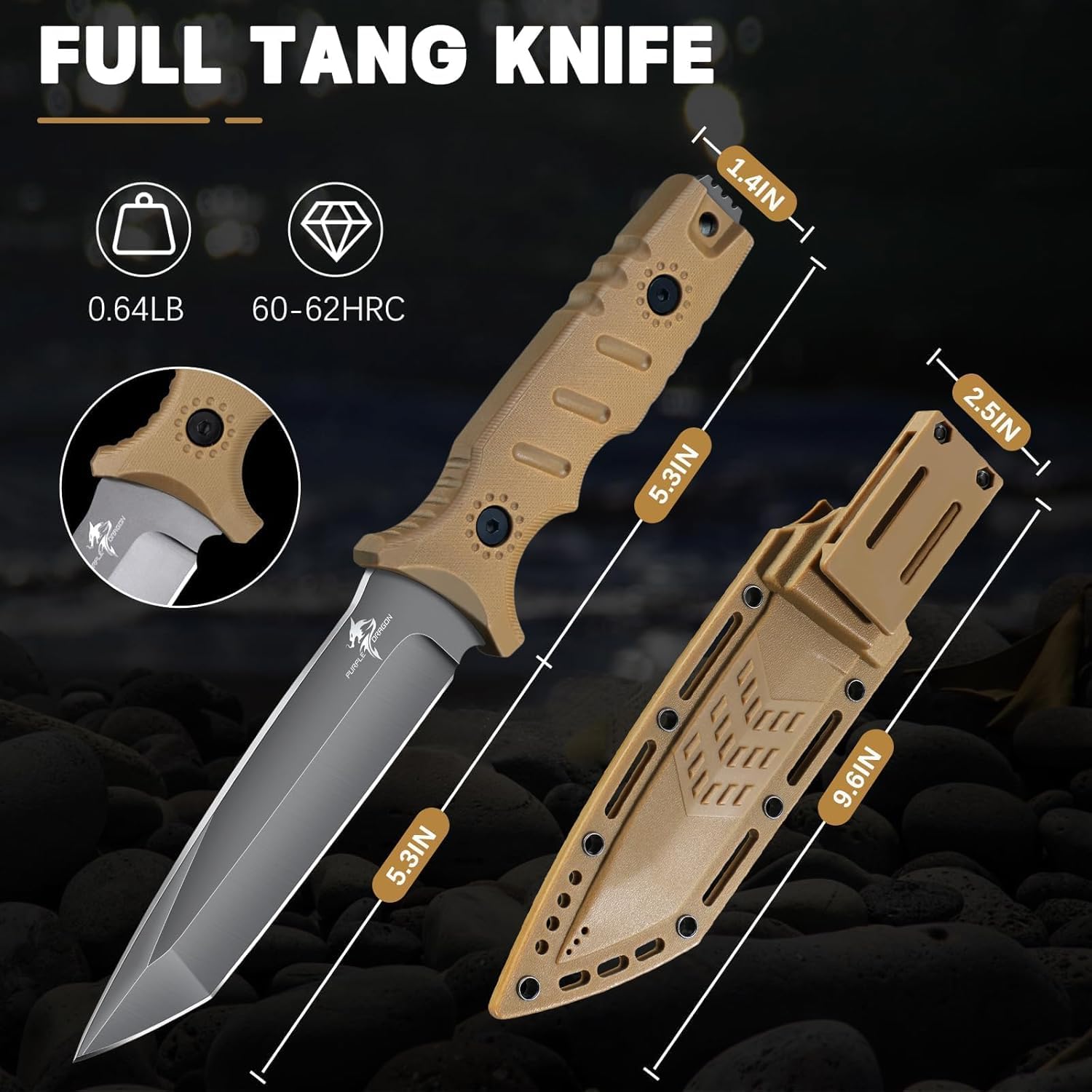 Purple Dragon Full Tang Fixed Blade Tactical Knife with Sheath