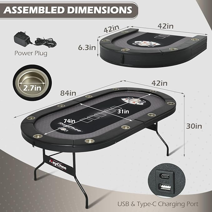 LED Poker Table, 84" 10 Player Foldable Texas Holdem Table w/Inlaid LED Light, 2 USB & 2 Type-c Ports, Portable Blackjac for Texas Card Game w/Cup Holders and Padded Rails (Black)