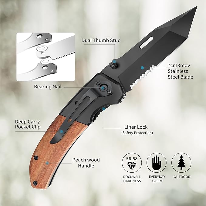 Pocket Knife for Men, Folding Knife with Pocket Clip, Wood Handle EDC for Women with 3.4″ Black Serrated Steel Blade, Camping Knife, Hunting, Hiking - Father's Day Gift