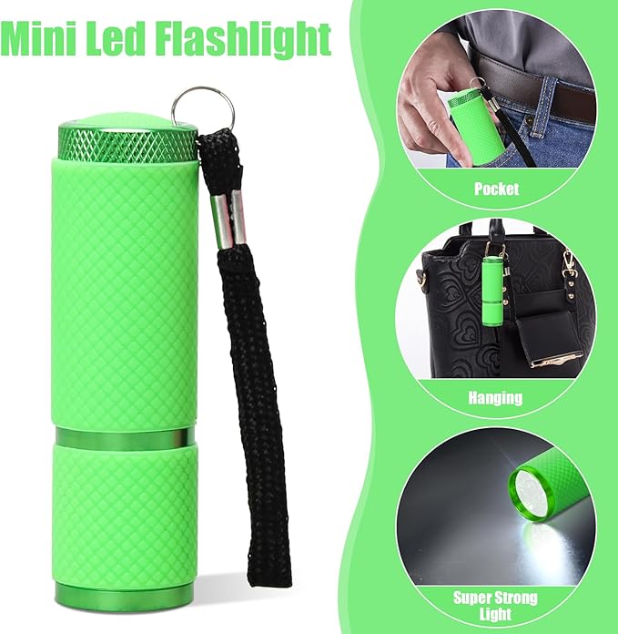 AHIER 9 LED Glow in Dark Flashlights, Rubber Coated Small Flashlights with Straps, Portable Handy Lights for Camping, Hiking, Indoor, Assorted Colors (Green)
