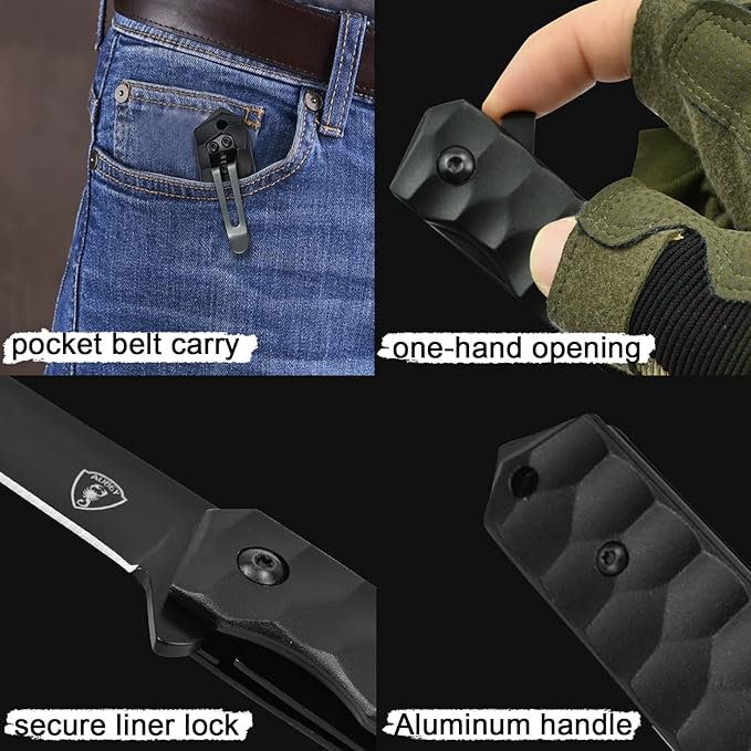 AUBEY Tanto Blade EDC Knife, 440 Steel Pocket Folding Knife with Liner Lock, Clip, Aluminum Handle and Glass Breaker, Nice Gift for Men Women (Black)
