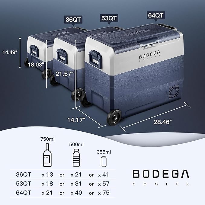 BODEGACOOLER 12 Volt Car Refrigerator,53 Quart Portable Car Freezer Fridge Bluetooth Control,(50L) -4℉-68℉ Electric Cooler 12/24V DC and 100-240V AC for Travel,Camping,RV,Boat Road Trip Tailgating