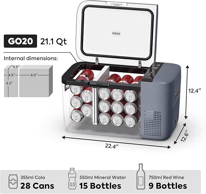 ICECO GO20 Dual Zone 12V Refrigerator, 21Qt/20L Portable Refrigerator powered by SECOP, APP Control 0℉-50℉ 12/24VDC&110-240VAC, Mini Cooler Compact Freezer for Home&Outdoor |Grey with Upgrade DC Cord