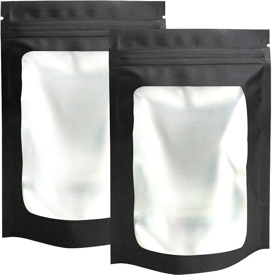 STUs 100 Pack Stand-Up Smell Proof Bags 5.5 x 7.9 Inch Resealable Mylar Bags with Clear Window Foil Pouch Bags Flat Bag Matte Black