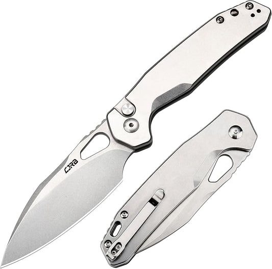 CJRB Frack Folding Pocket Knife, 3.9" AR-RPM9 Steel Blade PVD Coating Steel Handle EDC Knife, Button Lock Knife for Outdoor Camping Gift, Stonewash (J1931)