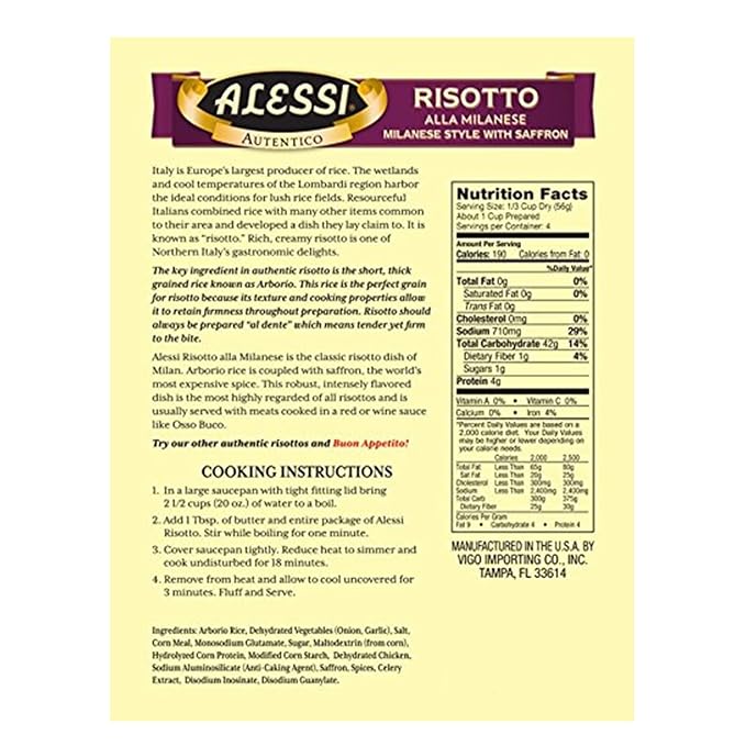 Alessi Autentico, Premium Seasoned Risotto, Italian Arborio Rice, Easy to Prepare, 8oz (Milanese, Pack of 6)
