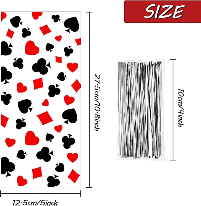100 Pieces Casino Party Cellophane Treat Bags, Black Red Las Vegas Poker Plastic Candy Goodie Bags with 100 Silver Twist Ties for Casino Themed Poker Birthday Party Supplies