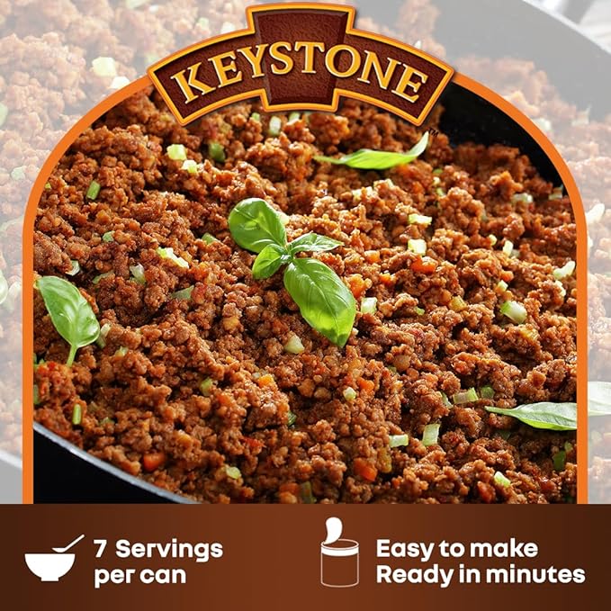 Keystone Meats All Natural Heat & Serve Ground Beef 14 Oz Fully Cooked Canned Meat 5-Year Shelf Life Ready to Eat, Pantry Staple for Everyday Meals & Survival Food, Gluten-Free, Made in USA, Pack of 6