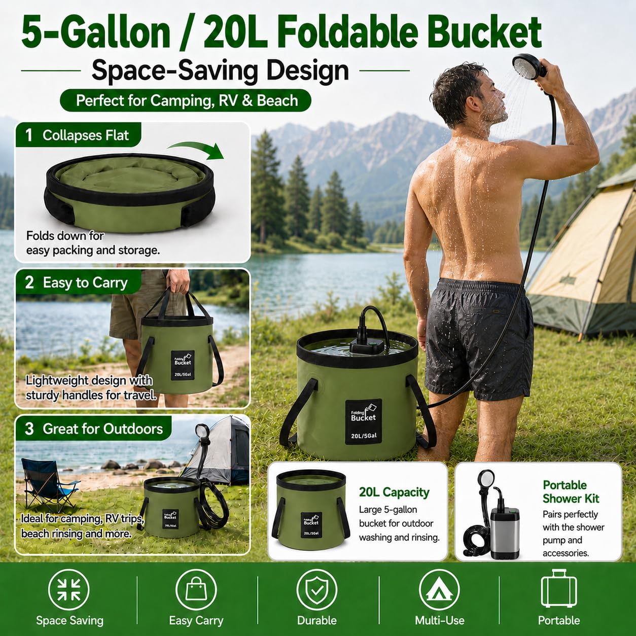 ELZONYX Portable Shower for Camping, 6000mAh Rechargeable Camping Shower with Intelligent LED