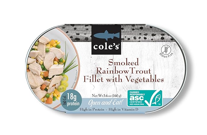 COLE’S - Smoked Rainbow Trout Fillet with Vegetables | Ready to Eat Meal | 5.6 oz Hand-Packed Canned Fish | 18g Protein | High in Vitamin D | 1 unit