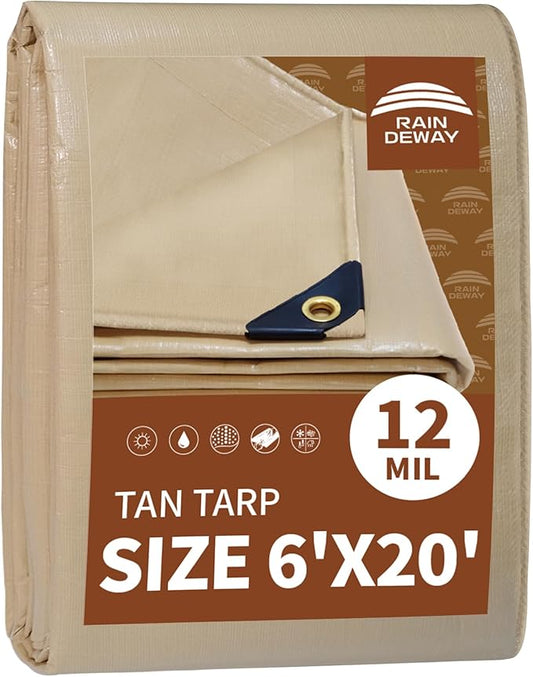 RAINDEWAY 6x20 Feet Heavy Duty Tarp,12 Mil Tan Waterproof Poly Tarp Cover,UV Resistant,Weatherproof,Durable,Multipurpose Tarps with Grommets and Reinforced Edges
