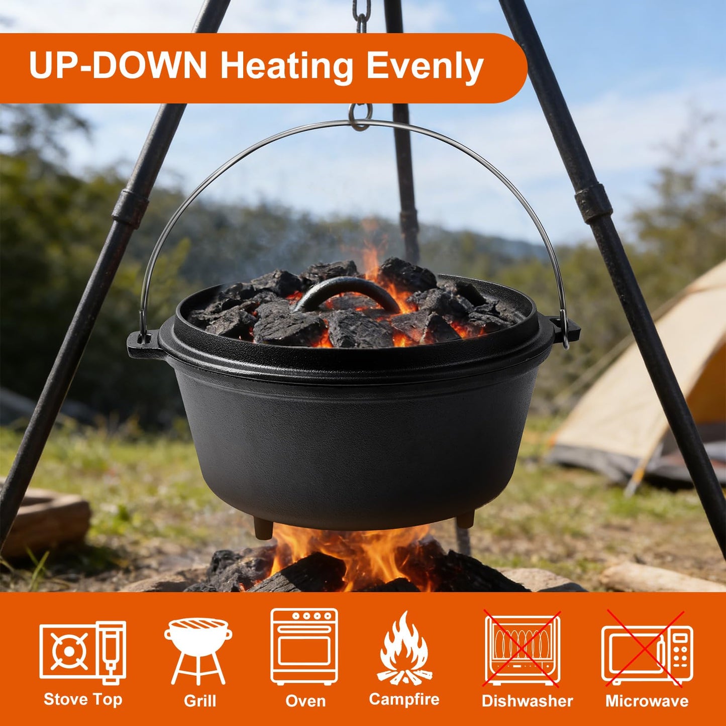 Blingco Pre-Seasoned 8QT Large Cast Iron Camping Dutch Oven Pot with Lid