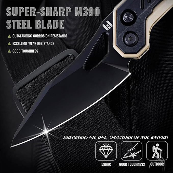 Hightron Spectron Folding Pocket Knife, 3.05" M390 Steel Blade and Nylon Fiber Handle, Sharp EDC Knives with Pocket Clip for Camping Survival Hiking Unisex Black&Khaki
