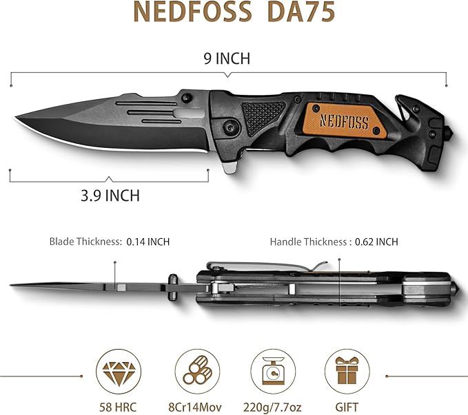 NedFoss Pocket Folding Knife DA75, 3 in 1 Pocket Knife for Men, Survival Knife with Liner-Lock Belt Clip, Seat Belt Cutter, Glass Breaker, Hunting knife for Camping Hiking