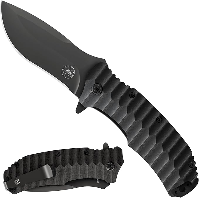 Off-Grid Knives - Rapid Fire Blackout - Large Folding Knife for Camping & EDC, Cryogenic D2 Blade Steel, Titanium Nitride Coating with G10 Scales & Deep Carry Clip
