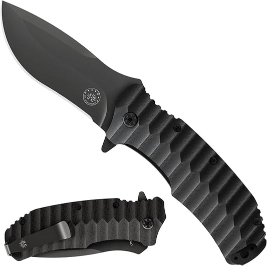 Off-Grid Knives - Rapid Fire Blackout - Large Folding Knife for Camping & EDC, Cryogenic D2 Blade Steel, Titanium Nitride Coating with G10 Scales & Deep Carry Clip