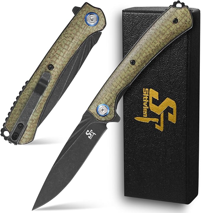 Sitivien ST144 Folding Knife,Black Stonewashed 14C28N Steel Blade,Micarta Handle Pocket Knife for Outdoor EDC Camping,Survival,Hiking,Fishing(Green)