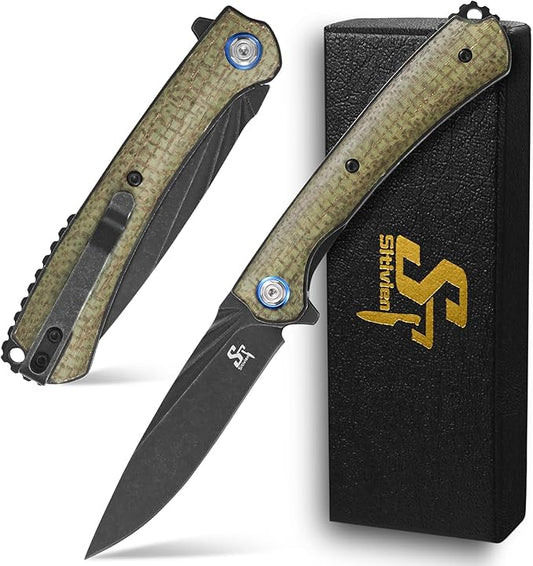 Sitivien ST144 Folding Knife,Black Stonewashed 14C28N Steel Blade,Micarta Handle Pocket Knife for Outdoor EDC Camping,Survival,Hiking,Fishing(Green)