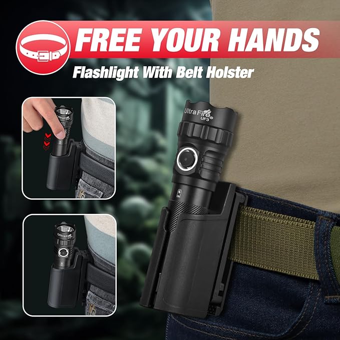 ULTRAFIRE Police Flashlight with Holster, 1200 High Lumen Law Enforcement Flashlight with Holster for Duty Belt, Tactical Flashlight with Belt Holder, Rechargeable Small LED Flash Light UF3