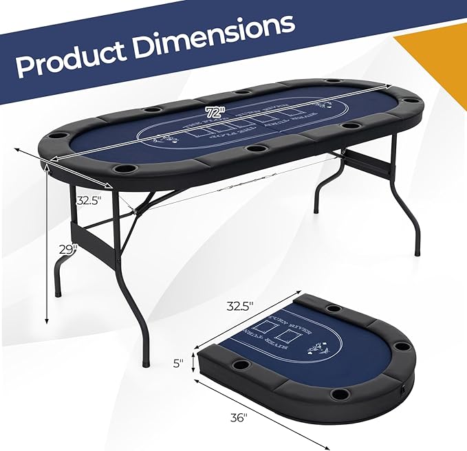 Goplus 72” Poker Table Foldable, 8 Players Card Board Game Table w/Deep Metal Cup Holders, Casino Grade Felt, Portable Folding Oval Blackjack Table for Texas Holdem, No Assembly Required (Blue)