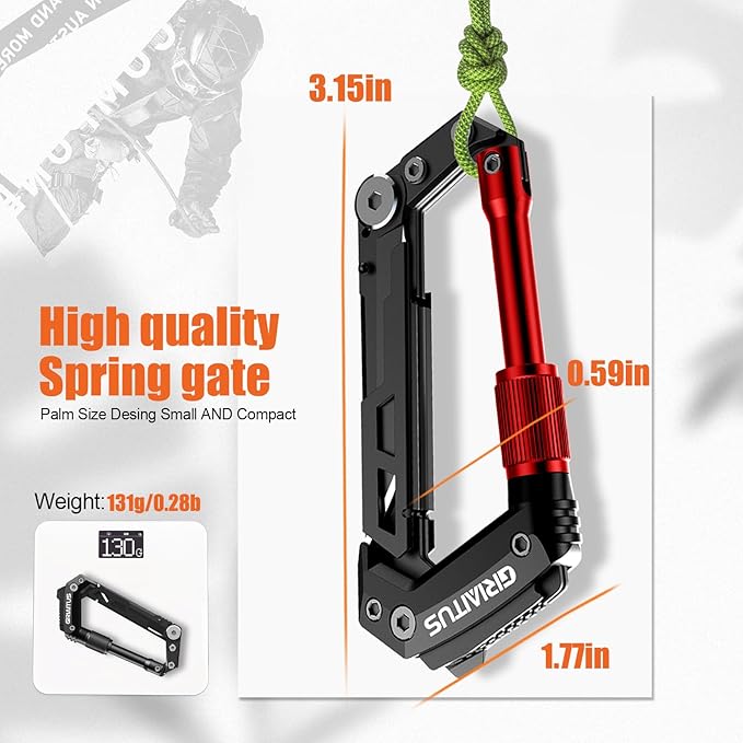 Carabiner Multitool with Pocket Knives, EDC Carabiners, Serrated Knife, Rope Cutter, Screwdriver, Can Bottle Opener, Ruler, Keychain Knife for Camping Hiking, Gifts for Women (Red)