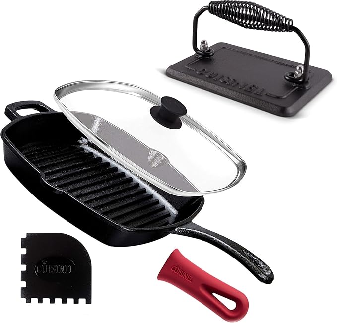 Cuisinel Cast Iron Grill Pan + Rectangular Cast Iron Grill Press + Tempered Glass Lid + Pan Scraper ??Pre-Seasoned Ribbed Skillet ??10.5"-Inch Square Grilling Indoor/Outdoor Camping Fire BBQ Cookware