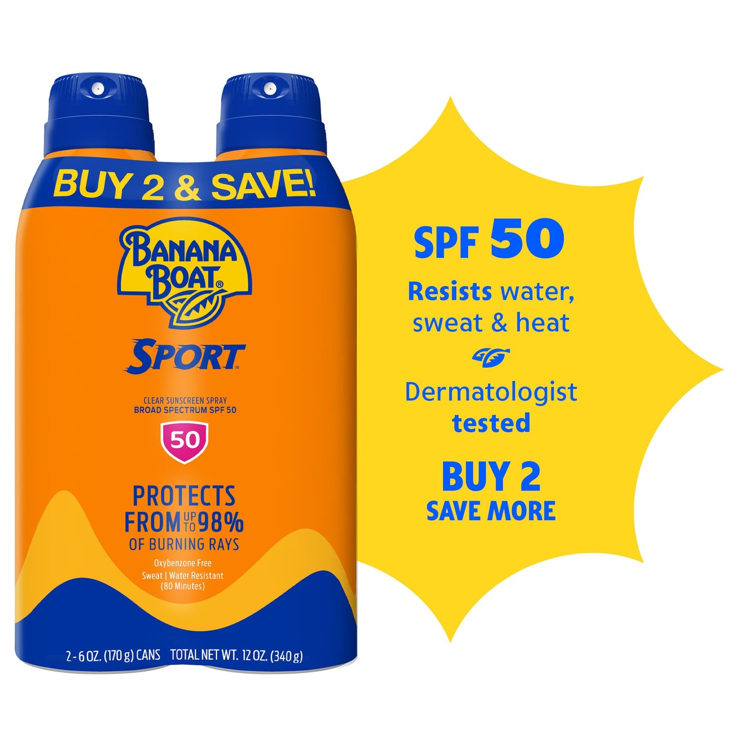 Banana Boat Sport SPF 50 Sunscreen Spray, 6 oz (2 Pack)