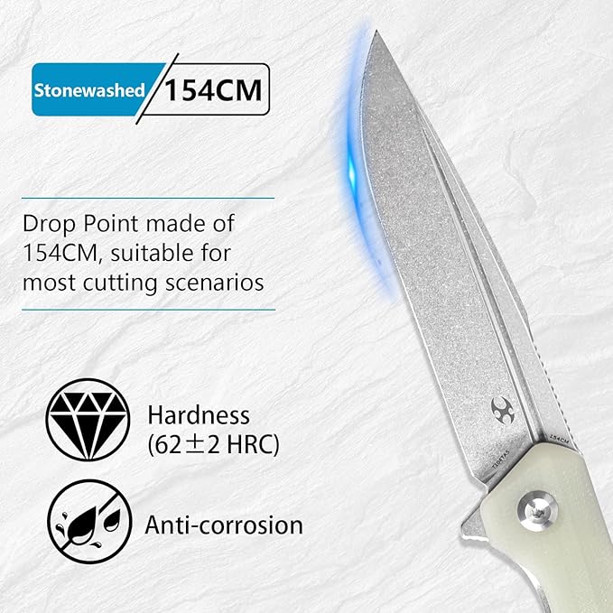 KANSEPT Qilin Pocket Knife, 3.24'' Stonewashed 154CM Sharp Blade, Jade G10 Handle for Edc, Flipper and Liner Lock with Double-Sided Clip, Men Camping Survival Folding Knives K1047A5