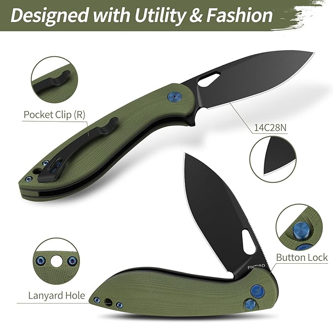 FINTISO Pocket Knife, 3.1" Premium 14C28N Blade Folding Knife with Button Lock, EDC Knife with G10 Handle for Camping, Hunting, Survival, Best Gift for Men Women