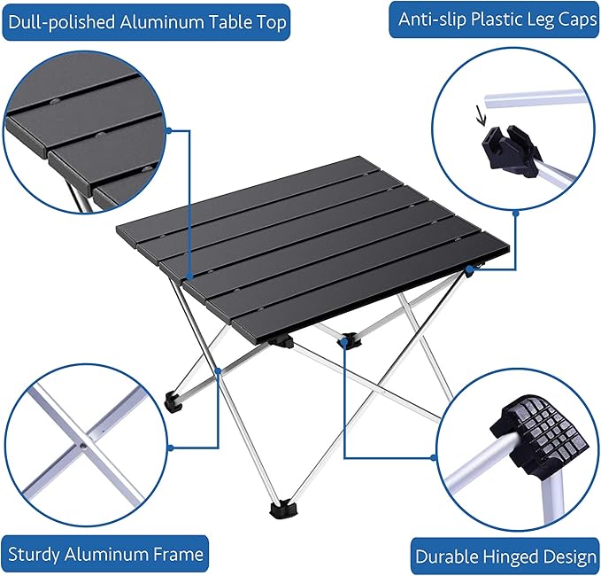 Grope Portable Camping Table with Aluminum Table Top, Folding Beach Table Easy to Carry, Prefect for Outdoor, Picnic, BBQ, Cooking, Festival, Beach, Home Use (Black-M)