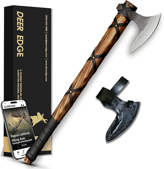 Viking Axe of Ragnar Lothbrok Hand Forged High Carbon Steel Norse Bearded | Camping Hatchet Axe with Genuine Leather Sheath Handcrafted Ash Wood Handle Throwing Tomahawk Viking Gifts for Men