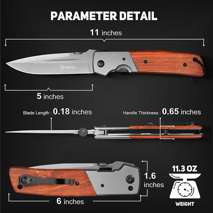 NedFoss DA52 Pocket Knife for Men, 5'' Large Folding Knife, 11'' Survival Knife with Rosewood Handle, Safety Pin, Pocket Clip, Liner Lock