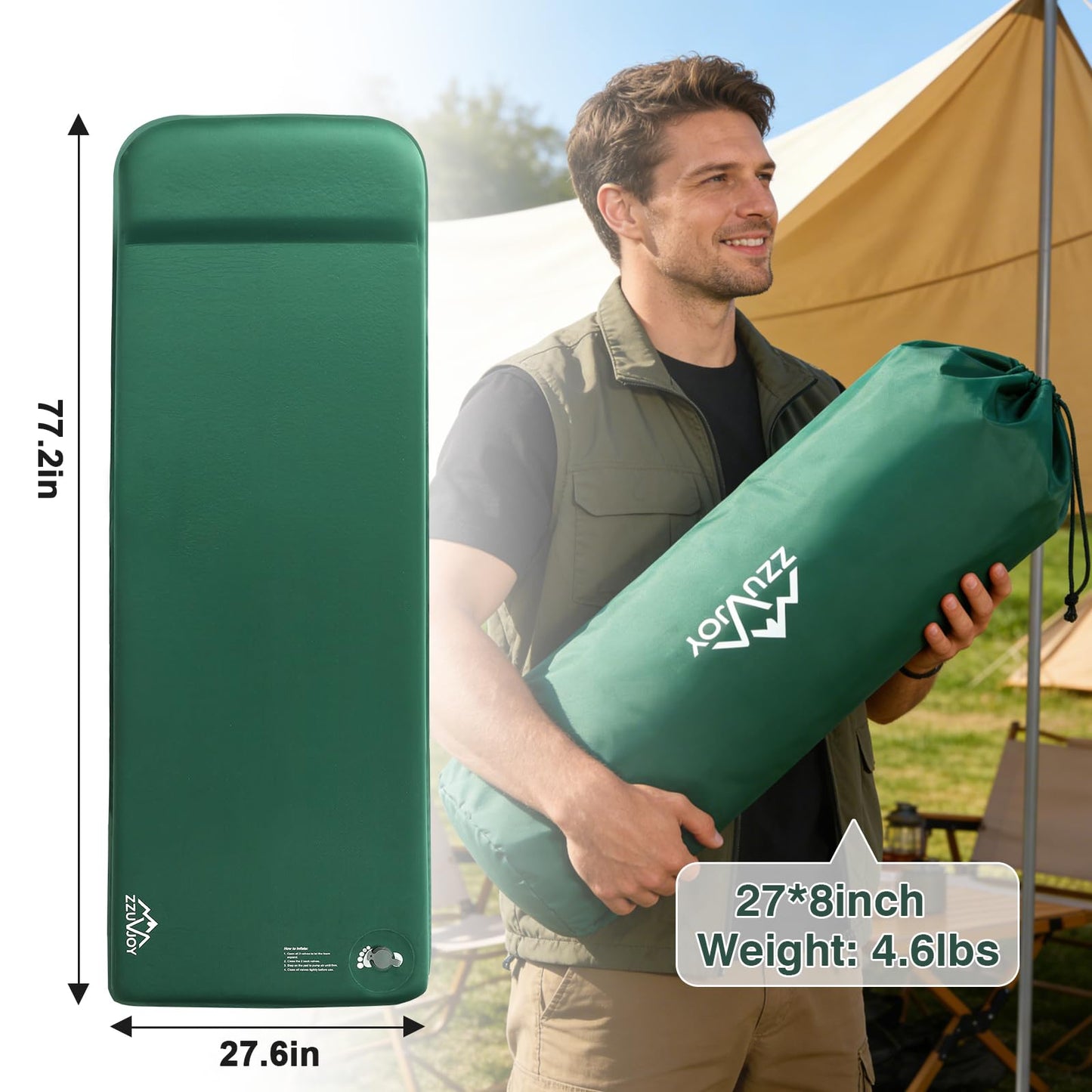 Zzuvjoy Memory Sleeping Pad, 3.1" Ultra-Thick Foam Sleeping Mats for Camping, 9.5 R-Value Insulated