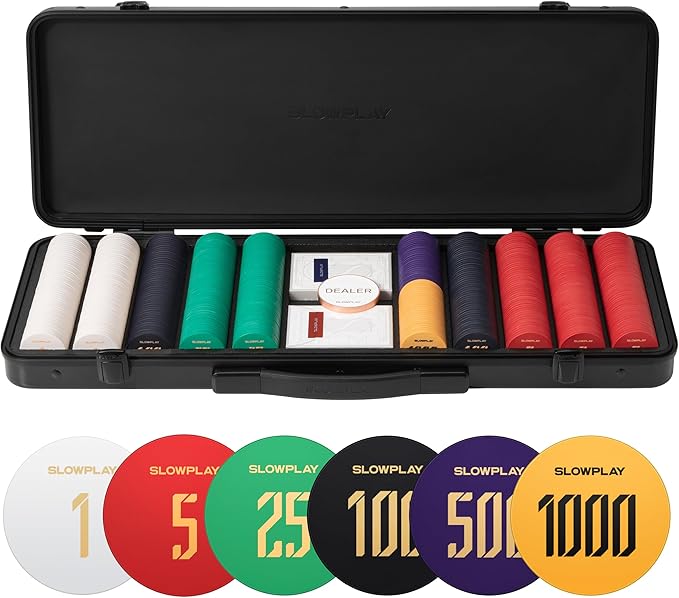 SLOWPLAY Godel Ceramic Poker Chips Set for Texas Hold'em, 500 PCS [with Numbered Values], 39mm & 10g Each | Features a High-end Chip case with Extra Durable German Polycarbonate Shell