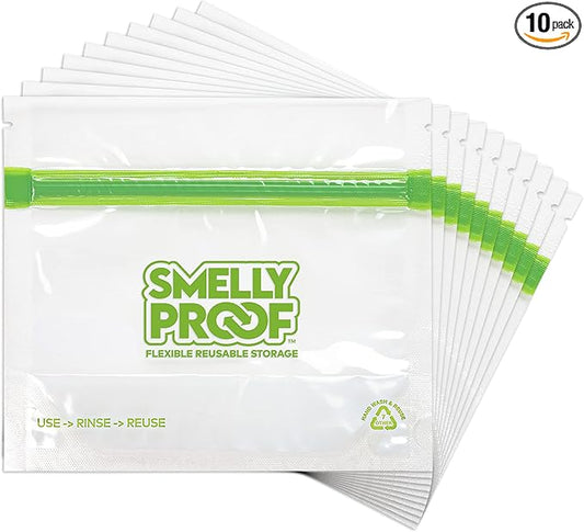 Smelly Proof 10 x Expandable Stand-Up & Fill REUSABLE Storage Bags for Food Designed & Mfg in US, NO PEVA, BPA FREE, Reusable Snack Bags, Dishwasher-Safe, Clear 3 mils STAND & FILL 6" x 4" - 10pk