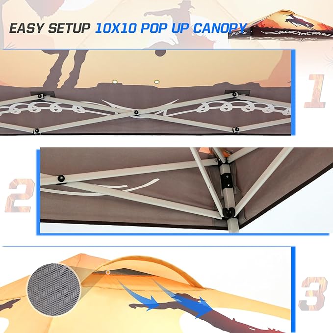 EAGLE PEAK Pop Up Canopy Tent with Wheeled Carry Bag, 8 Stakes, 4 Ropes, 4 Weight Bags, Easy Set Up Tent Canopy, 10x10 ft, 100sqft of Shade, Cowboy