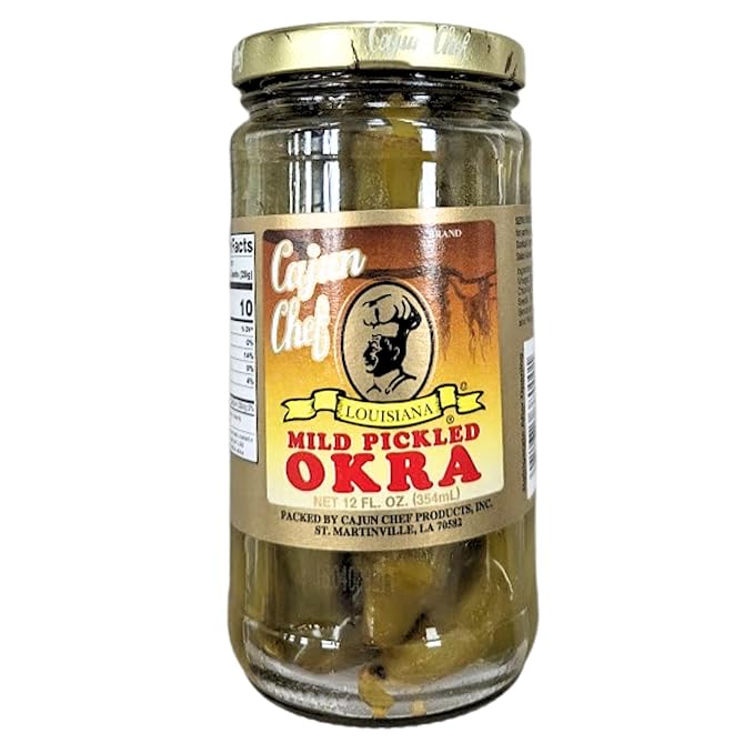 Cajun Chef Mild Pickled Okra 12oz (Pack of 1) - Great in Bloody Mary's - Versatile Garnish for Sandwiches, Salads, Martini's, Cheese Boards, and More (Mild Pickled Okra 12oz)