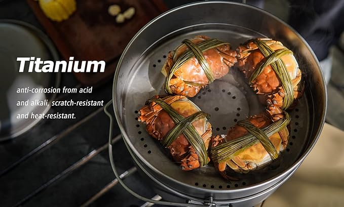 Boundless Voyage Titanium 4.5L Hanging Pot with Steaming Rack Folding Handle Outdoor Camping Cooking Stockpot Steamer Set